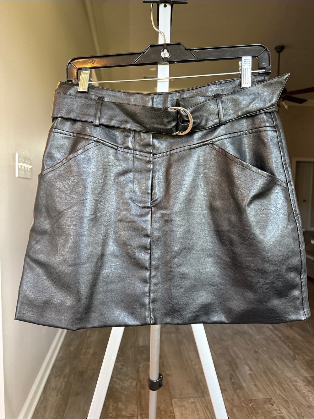 Hem & Thread Black Faux Leather Belted Mini Skirt